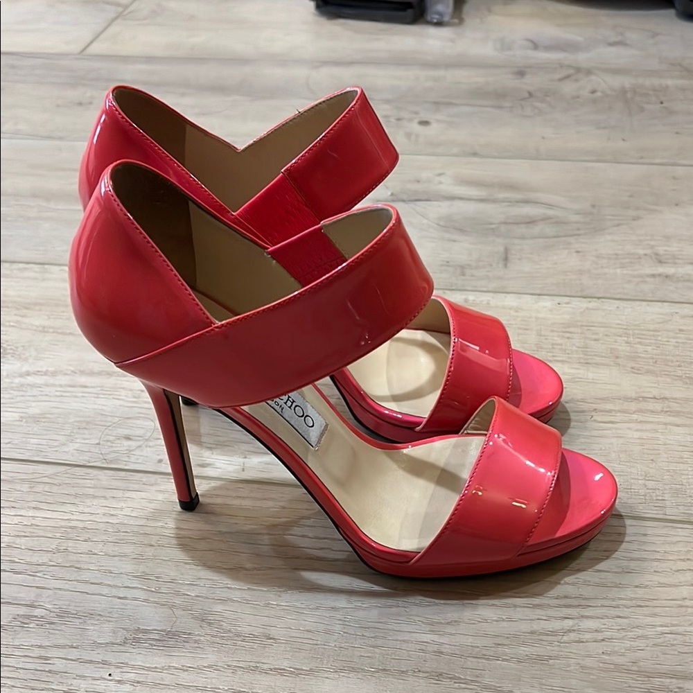 Jimmy Choo Coral Pink Patent Leather Stiletto Sandals Heels Size 38